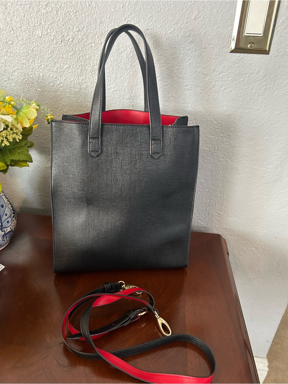Forever 21 Black Tote with Red Interior and Strap Accents